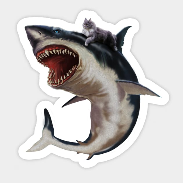 Funny Maine Coon Cat Riding Shark, Cat Lover Sticker by logiamerch